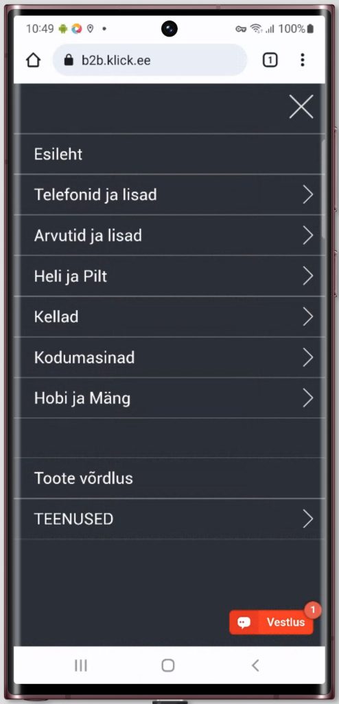 Klick B2B mobile menu